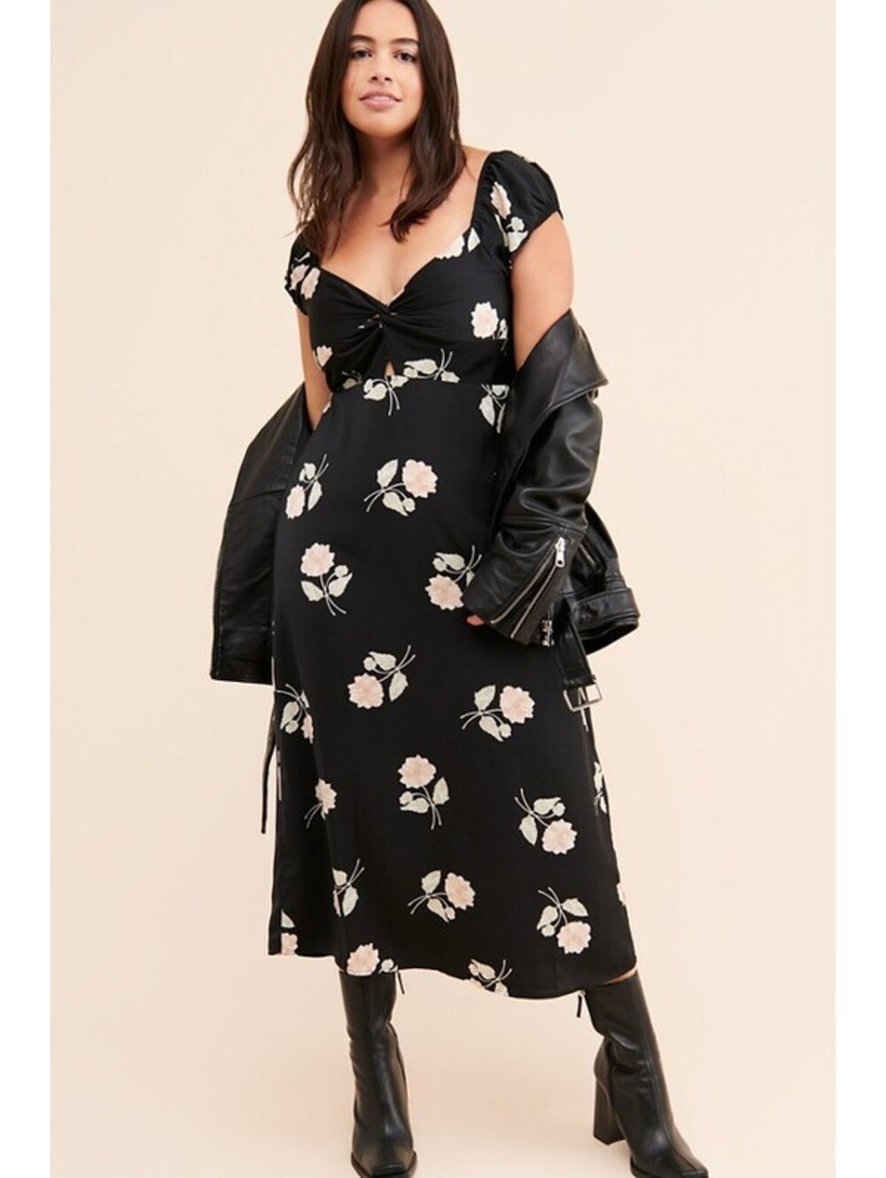 Saltwater Luxe Flower Power Midi Dress Black Puff Sleeve Smocked Back NWT